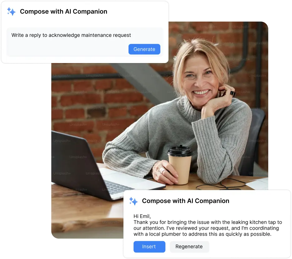 Image of a happy professional woman using Propflows AI companion